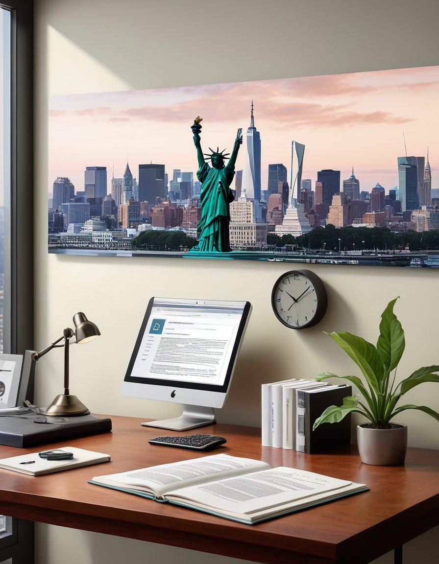 A sleek, modern workspace featuring a computer displaying online legal documents, with a backdrop of iconic New Jersey landmarks. Include elements like a clock showing time management and an open book symbolizing legal knowledge. The scene conveys organization and streamlined efficiency, illuminated by natural light. super-realistic. vibrant colors. 3D.