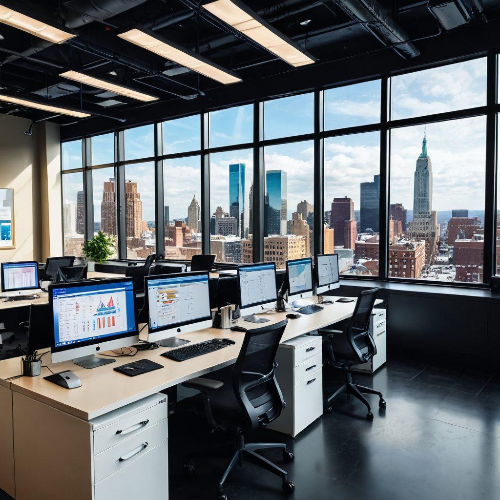 A sleek, modern office space in New Jersey filled with organized filing cabinets and high-tech computers. A person is efficiently managing digital documents on multiple screens, showcasing a visual dashboard with charts and graphs. Sunlight streams through large windows, illuminating an atmosphere of productivity and clarity. In the background, iconic New Jersey landmarks can be subtly glimpsed. super-realistic. vibrant colors. professional atmosphere.