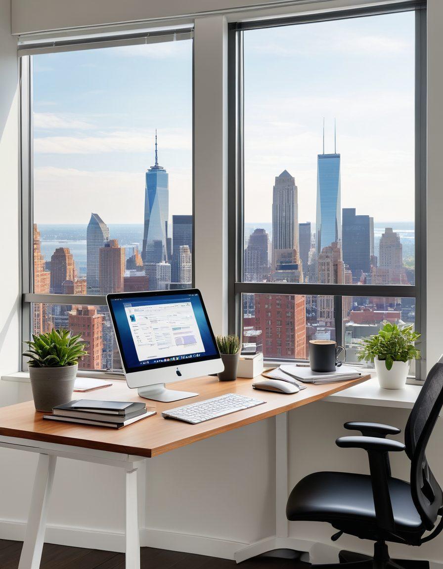 A sleek office environment showcasing a legally themed workspace with organized documents, a laptop open displaying legal software, and a coffee cup on the desk. Include a digital flowchart representing efficient document management systems and a window view of the New Jersey skyline. The atmosphere is professional and inviting. super-realistic. vibrant colors. white background.